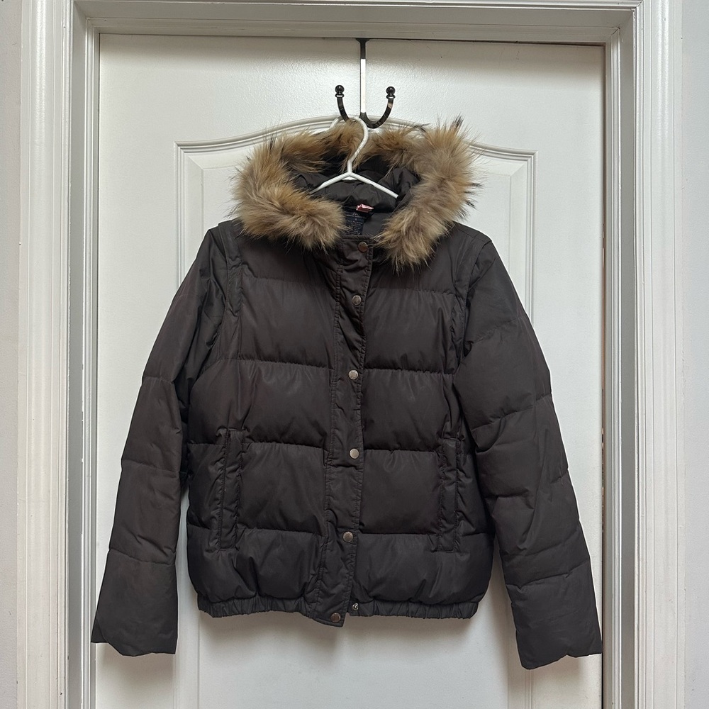 346 Brooks Brothers Brown Puffer Jacket with Faux Fur Trim Size M